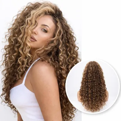Produktbild von Luxus Lockenperücke Damen – Perücken – Haarteil mit Netz – Haarteil – Haarverlängerungen – Lockenhaar – Damenhaar – Braun