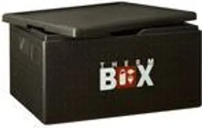 A black insulated box with a lid slightly ajar, displaying text on its side.