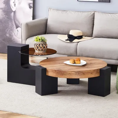 Produktbild von okwish Beistelltisch Set Rund,Kaffeetisch,Marmoroptik Tischplatte - Couchtisch Kombinierbar - Zerlegbares Design,Schwarz+Holz