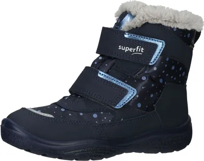 A single navy blue child's boot with light blue polka dots and gray fur trim.