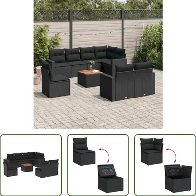 Produktbild von The Living Store 9-tlg. Garten-Sofagarnitur mit Kissen Schwarz Poly Rattan