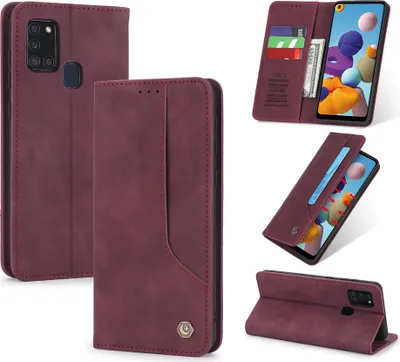 Produktbild von Galaxy A21s Hülle, LaimTop Retro Kunstledertasche Schutzhülle mit Kartenfach Standfunktion für Samsung Galaxy A21s Rot