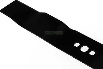 A close-up, angled view of a black lawnmower blade against a white background.