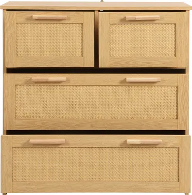 Produktbild von Flieks Kommode mit 4 Schubladen, Rattan Kommoden Sideboard mit Massivholzgriffen, Wohnzimmerschrank Schubladen Kommode, Naturbelassen, 80x38x80cm