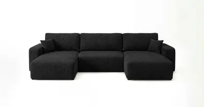 Image de Canapé d’angle BERLIN U noir velours côtelé Poso 135 - fonction couchage, coffre de rangement pour la literie