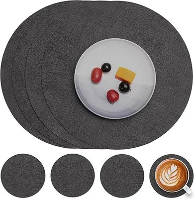 Image de Jeu de 4 dessous-de-plat en toile, ronds, antidérapants, hydrofuges, résistants à la chaleur, gris, lot de 4