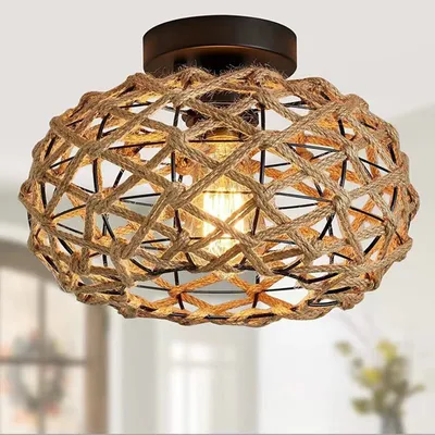 Produktbild von Deckenleuchte Vintage Rattan – Boho Hängelampe Lampenschirm, E27, Rustikale für Wohnzimmer, Schlafzimmer, Küche und Flur (Ohne Leuchtmittel), B