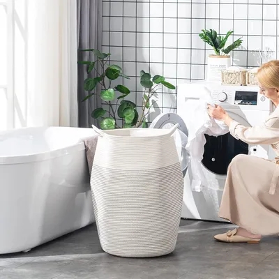 Zdjęcie produktu dla Tkany kosz na pranie wykonany z bawełnianego sznurka - duży rozmiar na pranie - wysokość 256 cm