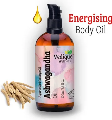 Produktbild von VEDIQUE REMEDIES Ashwagandha Öl | 500 ml (16,9 Fl oz) | Ayurvedische Kräutermassageöl für Muskeln und Gelenke | Tief nahrhaft, entspannend und beruhig