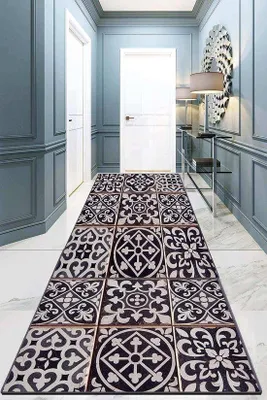 Zdjęcie produktu dla Unyqoos® Dywan (do przedpokoju i salonu) 80 x 300 cm – niski włos 8 mm, nowoczesny, geometryczny wzór, antypoślizgowa podkładka z tworzywa sztucznego, 100% poliester, czarno-biały