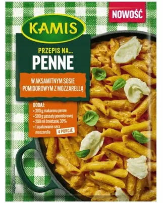 Produktbild von Kamis Rezept für Penne in einer cremigen Tomatensoße mit Mozzarella 35 g