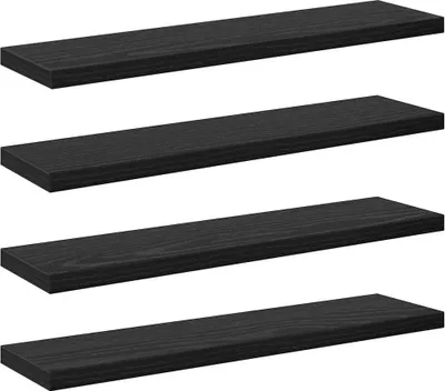 Four black shelves are stacked vertically against a white background.