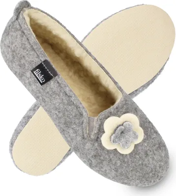 Produktbild von filsko® Matka Damen Ballerina Filz Hausschuhe Easy-Filz Gummisohle Filzsohle gefüttert Pantoletten Slipper Slip-On Blumenapplikation Knopf