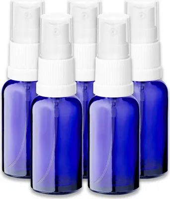 Produktbild von 5x Blaue Glasflasche 30 ml mit weißem Zerstäuber Sprükopf Pumpspray