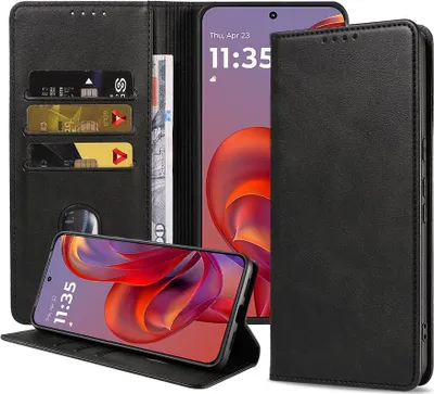 Image de Adapté à l'étui de téléphone Motorola Edge 60 Neo Étui en faux cuir avec fermeture magnétique et porte-cartes Étui avec rabat - Étui portefeuille avec emplacement pour cartes - Noir - Smartphonica