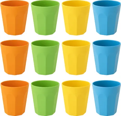 Produktbild von 12er-Set Kunststoffbecher – 300 ml – unzerbrechlich – 4 Farben (Gelb, Orange, Blau, Grün) – spülmaschinenfest – Polypropylen – wiederverwendbar