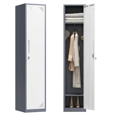 Produktbild von Yizosh Garderobenschrank, schmaler Metallschrank mit 1 Tür & Schloss, 38 x 43.2 x 160 cm (B x T x H), Belüftung, Namensschild, Weiß-Anthrazit