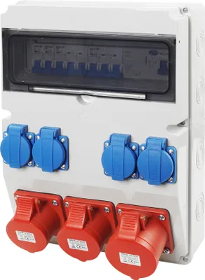 Produktbild von Baustromverteiler Wandverteiler Gartensteckdose 1x32A/5P 2x16A/5P CEE 4x 230V Schuko Steckdosen Schuko mit LS-Schalter FI-Schalter