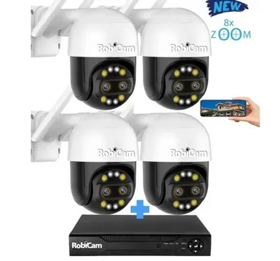 Zdjęcie produktu dla Zestaw 4 kamer, 8-krotny zoom, RobiCam, iCsee, Ultra HD, rejestrator NVR, obsługa do 10 kamer