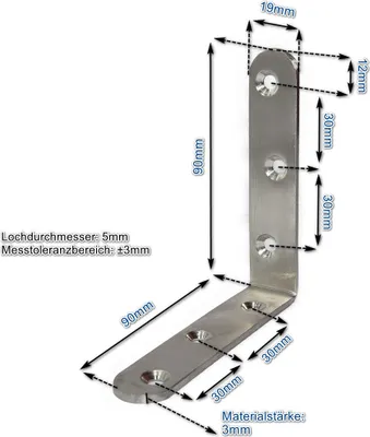 Produktbild von Edelstahl Winkel 90x90x19mm (VE 1Stk) 1x einsetzbar als Lochwinkel, Metallwinkel, Balkenwinkel, Verbinder, Winkelverbinder