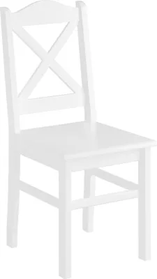 A white wooden chair with an X-shaped backrest is shown against a white background.