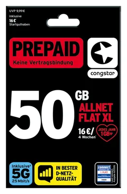 Produktbild von congstar Prepaid Allnet XL: 50 GB Datenvolumen & Flatrate für Telefonie und SMS, 5G-Speed, EU-Roaming