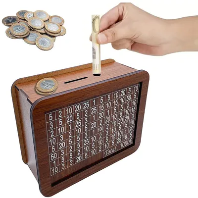 Produktbild von Sparschwein aus Holz mit einem Sparziel von 1.000 €.