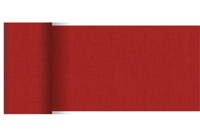 A rolled-up red tablecloth or placemat is shown on a white background.