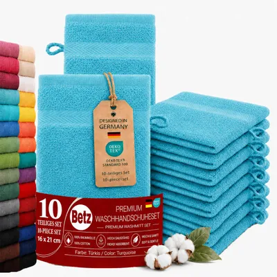 Produktbild von Betz 10 Stück Waschhandschuhe 16x21 cm PREMIUM 100% Baumwolle  Farbe: türkis, KI-generiertes Bild