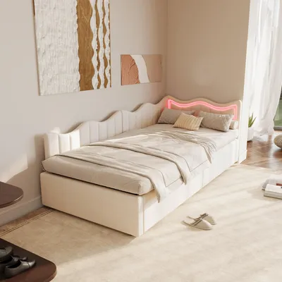 A bedroom scene with a white bed and decorative elements.