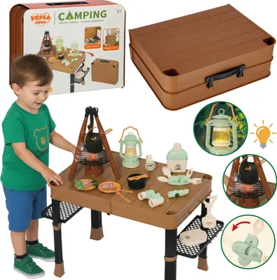 Obrázek produktu pro Kempingová sada pro děti, skládací stolek, kufřík + turistické doplňky, kempování, LED světlo, efekt páry, zvuk
