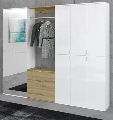 Produktbild von Garderobe mit Spiegel "SystemX" in weiß Hochglanz und Artisan Eiche Garderobenschrank 213 x 193 cm