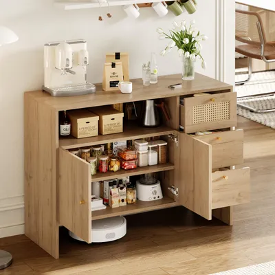 Produktbild von Sideboard 105 cm, 2 Türen, 3 Schubladen, Rattan, Natur, 105x40x76 cm
