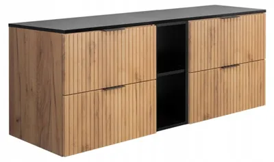 Zdjęcie produktu dla Szafka Łazienkowa Wisząca Dąb Regał Blat Czarny 140X46 Cm Flisan Ryflowana