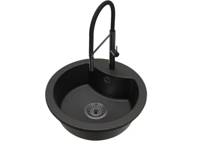 Produktbild von Granit Küchenspüle Einbauspüle 1 Becken MILA + Küchenarmatur Duo Schwarz + Siphon Schwarz Komplettset
