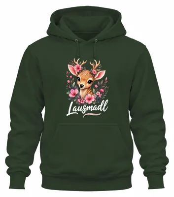 Productafbeelding van Schattig hertenvarken, bloemen, bosdieren, traditionele kleding, lederen broek, hoodie, capuchontrui, flessengroen, maat M