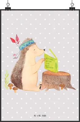 Produktbild von Mr. & Mrs. Panda Bild Igel Federschmuck DIN A5 - Grau Pastell - Geschenk, Indianer, Lagerfeuer, kunstdruck poster, Plakat, Tiere, wanddeko, Camping, drucke, Wandbild