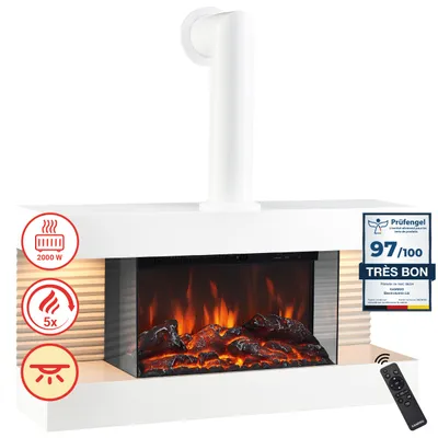 Image de KAMINIO cheminée électrique LIZ avec tuyau de poêle - cheminée murale électrique avec chauffage, effet de flamme 3D, lumière d'ambiance LED, télécommande - blanc