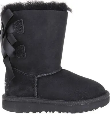 A black UGG boot with a bow on the side, shown against a white background.