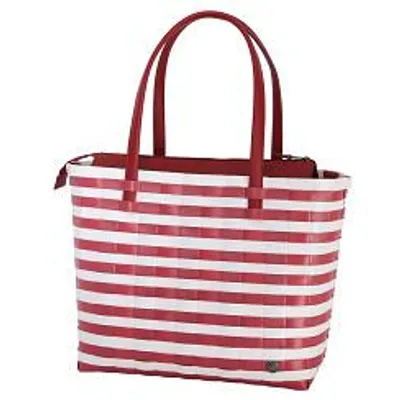 Produktbild von Handed By  - Sunny Bay Shopper - Freizeit / Weekender Tasche mit Reißverschluss - Cherry red & Pearl White gestreift