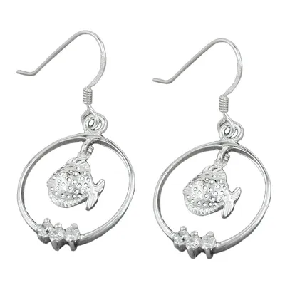 Produktbild von Ohrhaken 37x18mm Fisch im Ring mit Zirkonias glänzend rhodiniert Silber 925 silber 37x18mm