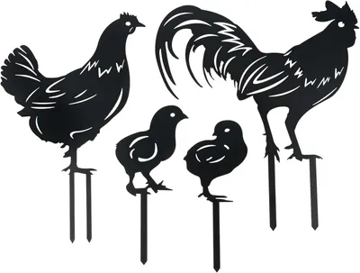 Immagine prodotto di 4 decorazioni per esterni a forma di gallina, in metallo, colore nero, ideali per giardino e recinzioni