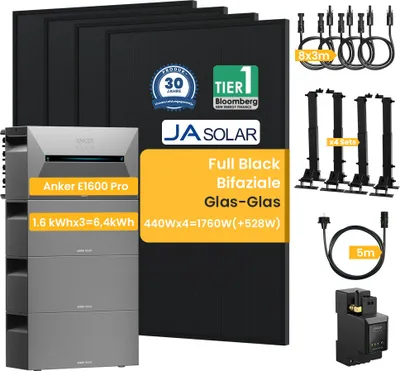 Produktbild von Balkonkraftwerk mit Speicher 6.4 kWh, Solarbank2 E1600Pro mit BP1600x3, JaSolar 1760W Bifaziale Solarmodule und Smarten Zähler mit 4 Sets Halterung