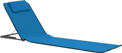 A blue beach mat with a headrest, shown from a side angle on a white background.