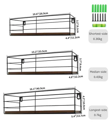 Produktbild von Wandregal 3er Set, schwebende Regale, Holz und schwarzes Metall, für Wohnzimmer