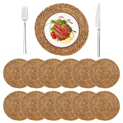 Produktbild von Set von 12 Runden Geflochtenen Platzdeckchen - Natürliches Geflecht für den Esstisch