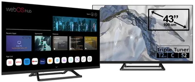Two televisions are shown side-by-side against a white background. The left television displays a smart TV interface with various app icons. The right television shows a nature-inspired image and has a size indicator and tuner information overlaid.