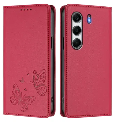 Image de Étui en cuir pour Tecno Camon 40 4G, motif papillon, étui à rabat avec porte-appareil, rouge