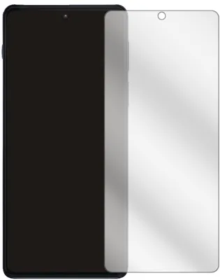 A clear screen protector is shown next to a dark smartphone.