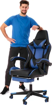 Obrázek produktu pro di volio herní židle Ragazo modrá, ergonomická kancelářská židle s nastavitelnou výškou sedáku, kancelářská židle s bederním a krčním polštářem a podnožkou